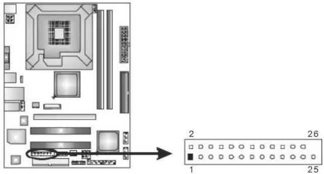 Diagram showing a computer motherboard layout with labeled pins and an arrow pointing to a 26-pin connector panel.