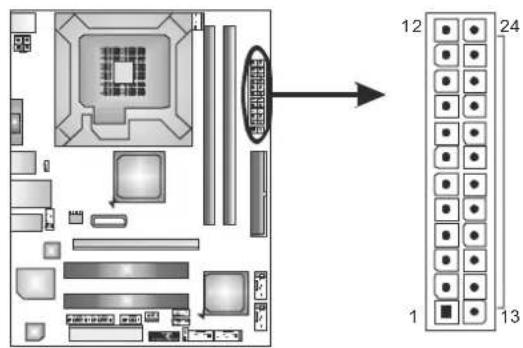 Diagram of a computer motherboard with labeled components and an arrow pointing to a grid layout showing numbered pins 1, 12, 13, and 24.