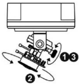 Diagram of a mechanical device with numbered components and rotational arrows indicating motion or force direction.