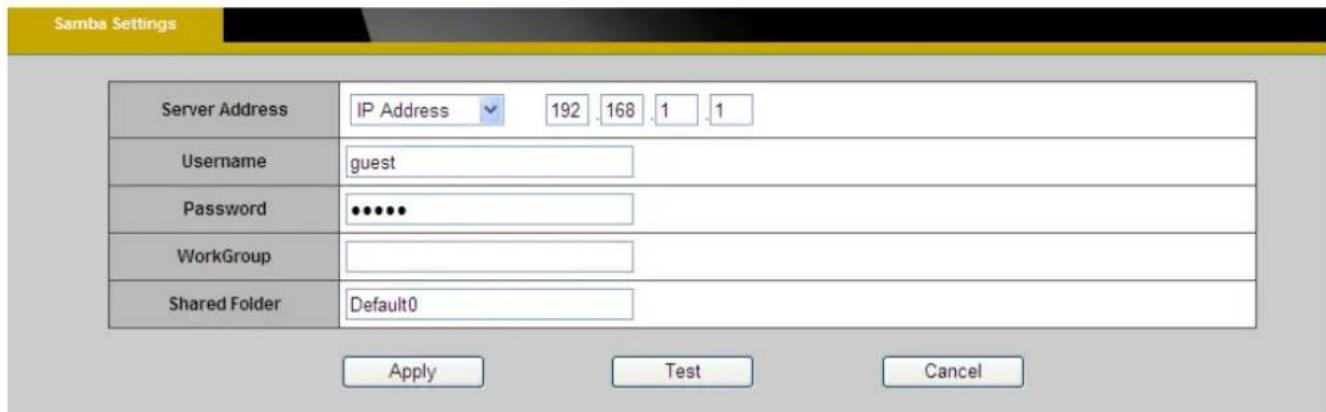 Samba Settings Server Address IP Address 192 .168 .1 .1 Username guest Password •••••• WorkGroup Shared Folder Default0 Apply Test Cancel