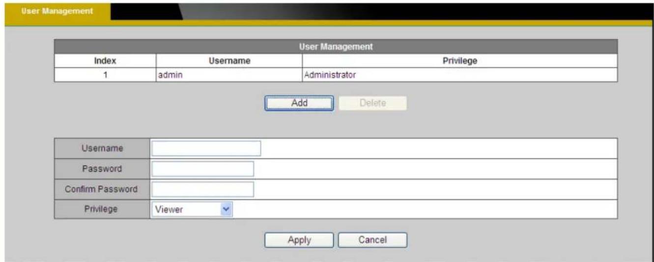 User Management Index Username Privilege 1 adults Administrator Add Delete Username Password Confirm Password Privilege Viewer Apply Cancel
