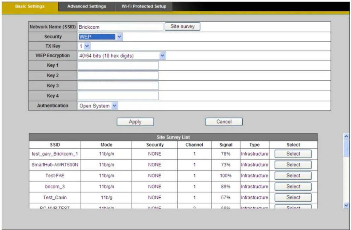 Basic Settings Advanced Settings Wi-Fi Protected Setup Network Name (SSID) Brickcom Site survey Security WEP TX Key 1 WEP Encryption 40/64 bits (10 hex digits) Key 1 Key 2 Key 3 Key 4 Authentication Open System Apply Cancel Site Survey List SSID Mode Security Channel Signal Type Select test_gary_Bri…