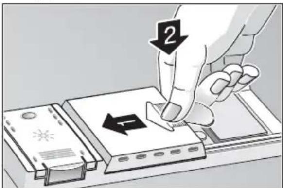 Diagram showing a hand pressing down an electronic device with a numbered arrow indicating process step 2
