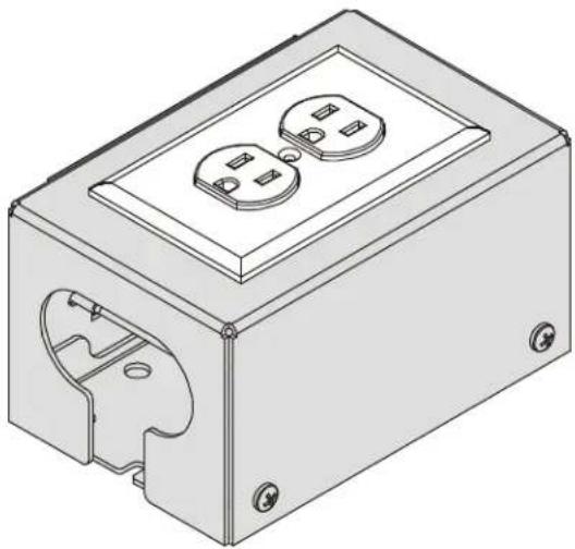 Isometric line drawing of a mechanical housing with two outlets and a cutout (no text or symbols)