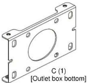 Technical drawing of a mechanical bracket with mounting holes and a circular cutout, labeled C (1) [Outlet box bottom] (no other text or symbols)