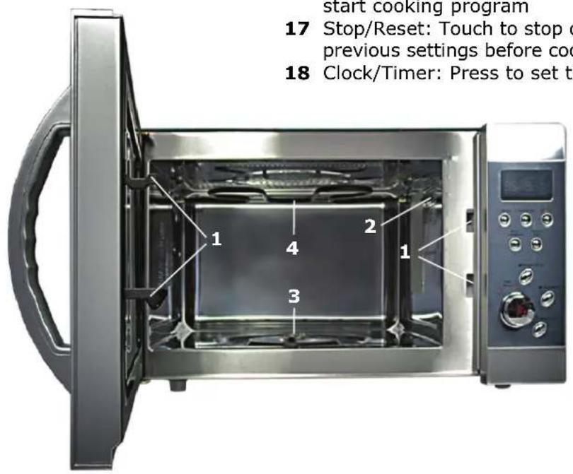 start cooking program 17 Stop/Reset: Touch to stop o previous settings before coo 18 Clock/Timer: Press to set t