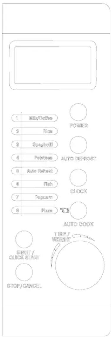 1 Milk/Coffee 2 Rice 3 Speghetti 4 Potatoes 5 Auto Toilet 6 Fish 7 Popcorn 8 Ples POWER AUTO DEFROST CLOCK AUTO COOK START/ QUICK START STOP/CANCEL TIME/ WEIGHT