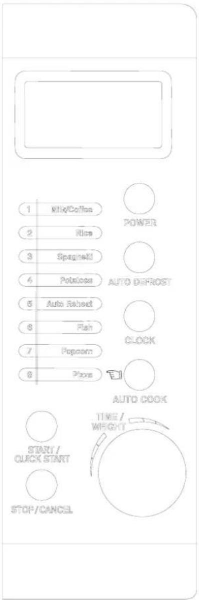 1 Milk/Coffee 2 Rice 3 SpingsKit 4 Potatoes 5 Auto Ratchet 6 Fish 7 Popcorn 8 Pears POWER AUTO DEFROST CLOCK AUTO COOK START/ QUICK START STOP/CANCEL TIME/ WEIGHT