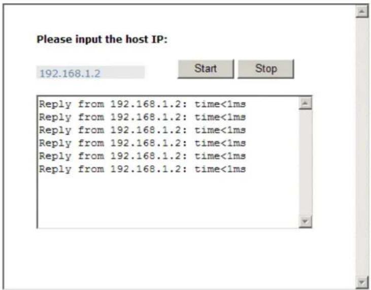 Please input the host IP: 192.168.1.2 Start Stop Reply from 192.168.1.2: time<1ms Reply from 192.168.1.2: time<1ms Reply from 192.168.1.2: time<1ms Reply from 192.168.1.2: time<1ms Reply from 192.168.1.2: time<1ms Reply from 192.168.1.2: time<1MS