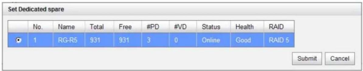 Set Dedicated spare No. Name Total Free #PD #VD Status Health RAID 1 RG-R5 931 931 3 0 Online Good RAID 5 Submit Cancel