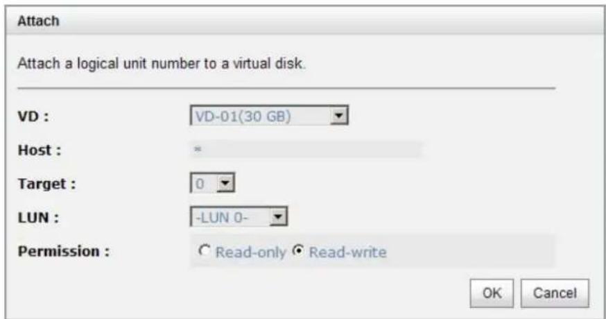Attach Attach a logical unit number to a virtual disk. VD : VD-01(30 GB) Host : = Target : 0 LUN : -LUN 0- Permission : C Read-only ● Read-write OK Cancel