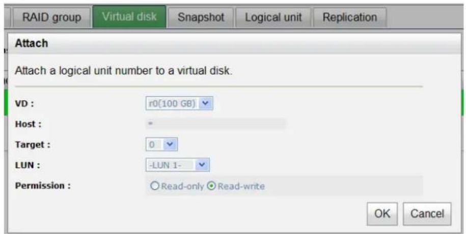RAID group Virtual disk Snapshot Logical unit Replication Attach Attach a logical unit number to a virtual disk. VD : r0(100 GB) Host : - Target : 0 LUN : -LUN 1- Permission : Read-only Read-write OK Cancel