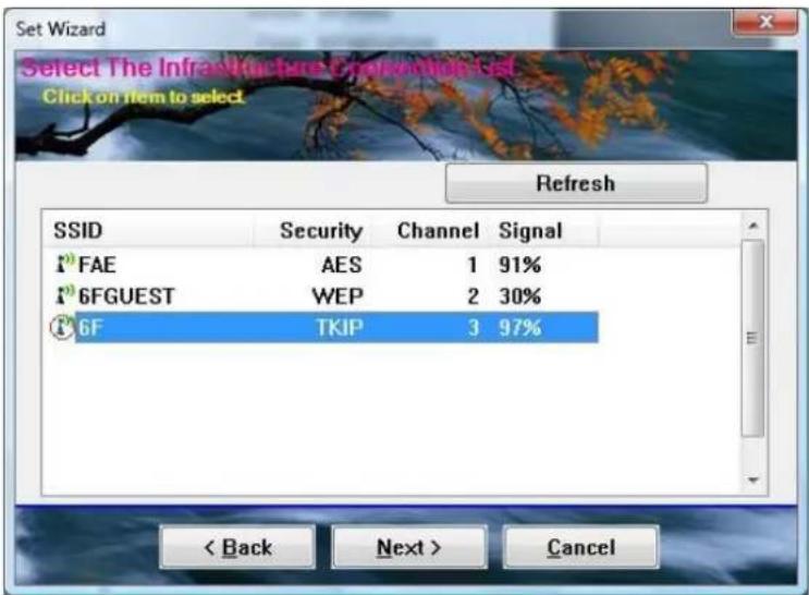 Set Wizard Select The Infrastructure Connection List Click on item to select Refresh SSID Security Channel Signal FAE AES 1 91% 6FGUEST WEP 2 30% 6F TKIP 3 97% < Back Next > Cancel