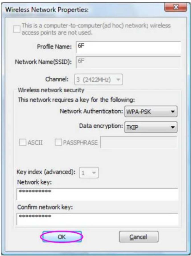 Wireless Network Properties: This is a computer-to-computer(ad hoc) network; wireless access points are not used. Profile Name: 6F Network Name(SSID): 6F Channel: 3 (2422MHz) Wireless network security This network requires a key for the following: Network Authentication: WPA-PSK Data encryption: TKI…