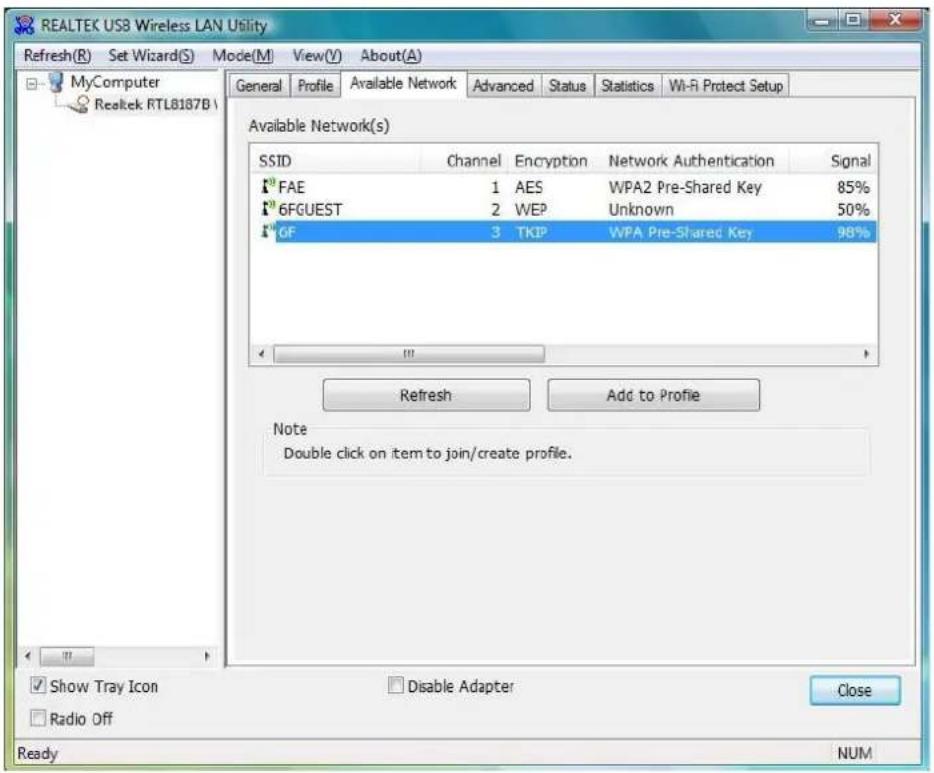 REALTEK USB Wireless LAN Utility Refresh(R) Set Wizard(S) Mode(M) View(V) About(A) MyComputer Realtek RTL8187B\ General Profile Available Network Advanced Status Statistics Wi-Fi Protect Setup Available Network(s) SSID Channel Encryption Network Authentication Signal FAE 1 AES WPA2 Pre-Shared Key 85…