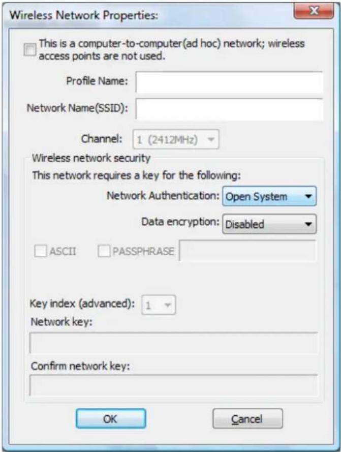 Wireless Network Properties: This is a computer-to-computer(ad hoc) network; wireless access points are not used. Profile Name: Network Name(SSID): Channel: 1 (2412MHz) Wireless network security This network requires a key for the following: Network Authentication: Open System Data encryption: Disab…