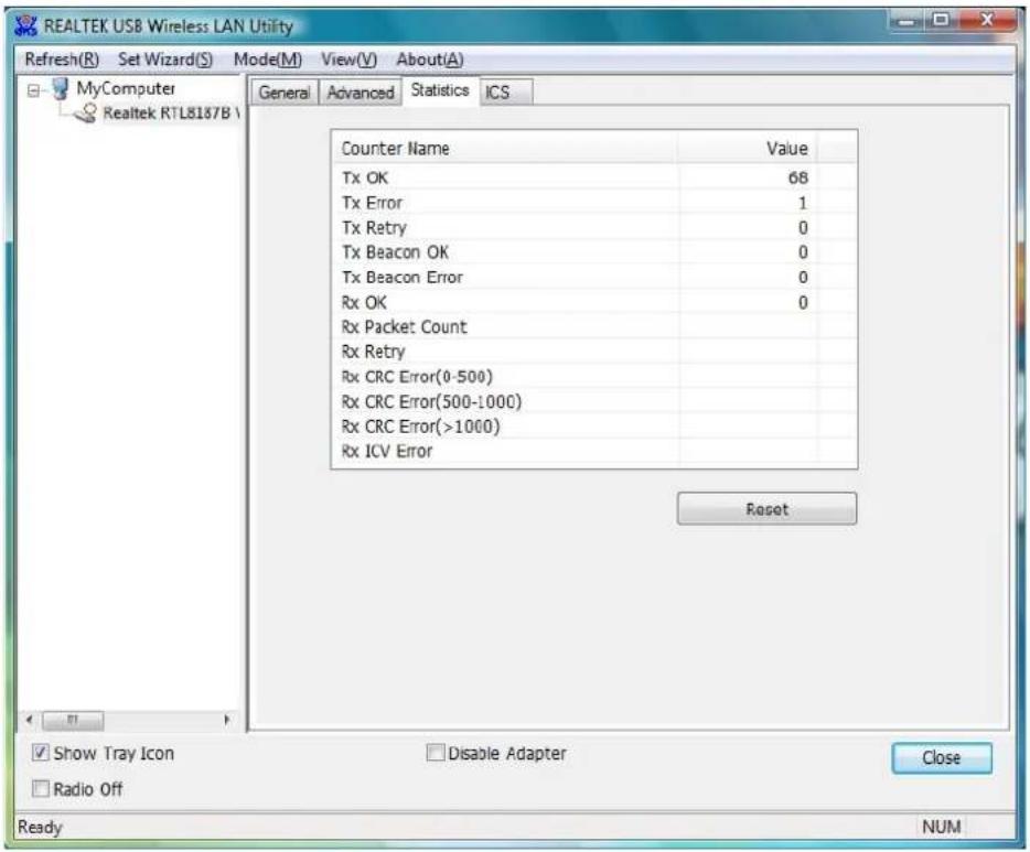 REALTEK USB Wireless LAN Utility Refresh(R) Set Wizard(S) Mode(M) View(V) About(A) MyComputer Realtek RTL8137B\ General Advanced Statistics ICS Counter Name Value Tx OK 68 Tx Error 1 Tx Retry 0 Tx Beacon OK 0 Tx Beacon Error 0 Rx OK 0 Rx Packet Count Rx Retry Rx CRC Error(0-500) Rx CRC Error(500-100…