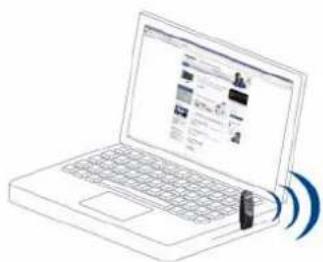 Line drawing of a laptop with abstract UI elements and a wireless signal icon (no text or symbols)