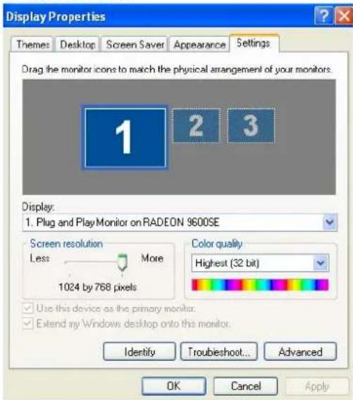 Display Properties Themes Desktop Screen Saver Appearance Settings Drag the monitor icons to match the physical arrangement of your monitors. 1 2 3 Display: 1. Plug and Play Monitor on RADEON 9600SE Screen resolution More Less 1024 by 768 pixels Color quality Highest (32 bit) Use this device as the…