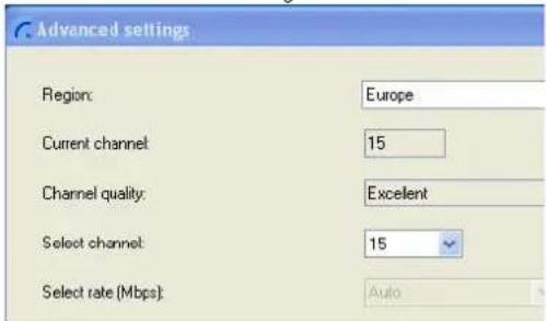Advanced settings Region: Europe Current channel: 15 Channel quality: Excellent Select channel: 15 Select rate (Mbps): Auto