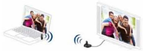 Two laptops connected by a wireless cable, showing a photo and earphones (no text or symbols visible)