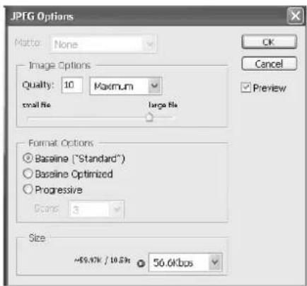 JPTG Options Motto: None Quality: 10 Maximum small file Large file Format Options ○ Baseline ("Standard") ○ Baseline Optimized ○ Progressive Grans: 3 Size ~$5.9K / 10.5K 56.6Kbps OK Cancel Preview