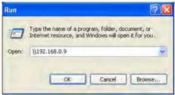 Run Type the name of a program, folder, document, or Internet resource, and Windows will open it for you. Open: \\192.168.0.9 OK Cancel Browse...