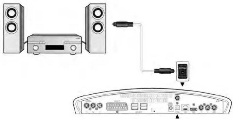 Diagram showing audio equipment connection with speaker, audio jack, and connected audio device via cable