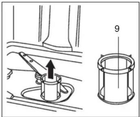 Technical diagram showing mechanical assembly with labeled component '9' and directional arrow