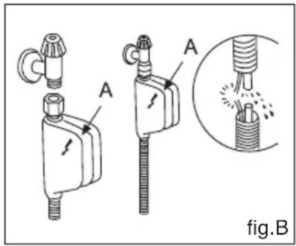 Technical line drawing of a mechanical device with labeled parts A, showing exploded view and magnified detail (no text or symbols)