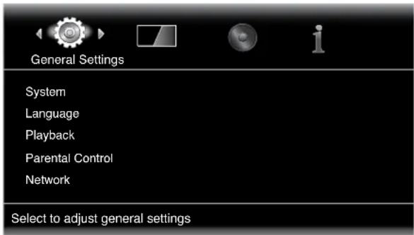General Settings System Language Playback Parental Control Network Select to adjust general settings