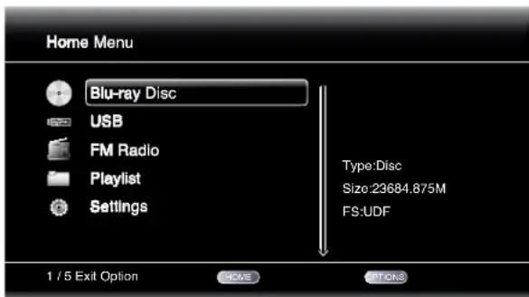Home Menu Blu-ray Disc USB FM Radio Playlist Settings Type:Disc Size:23684.875M FS:UDF 1 / 5 Exit Option SIDS Works