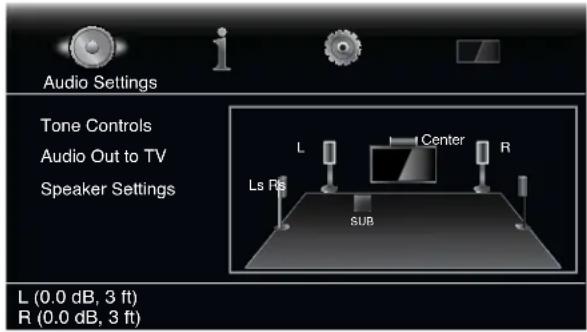 Audio Settings Tone Controls Audio Out to TV Speaker Settings L Center R Ls Rs SUB L (0.0 dB, 3 ft) R (0.0 dB, 3 ft)