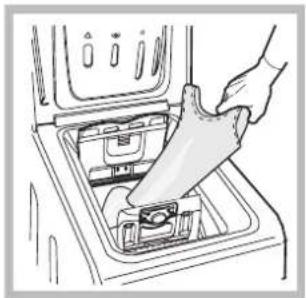 Illustration of a hand inserting a plastic into a shared drawer (no text or symbols visible)