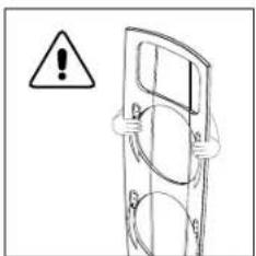 Warning symbol with exclamation mark and hand holding a door, indicating hazard or caution
