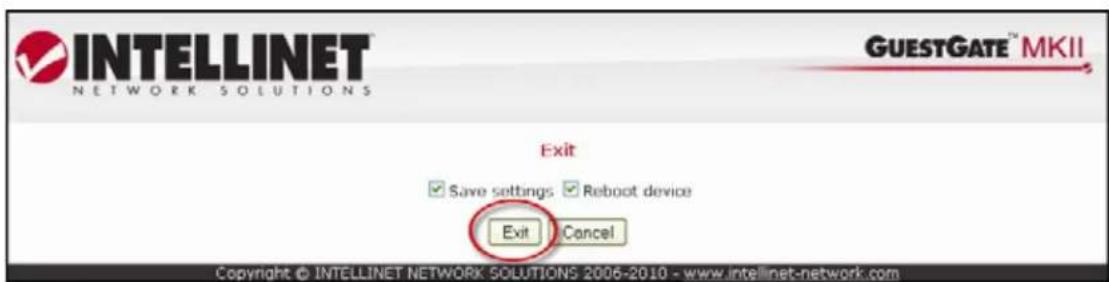 INTELLINET NETWORK SOLUTIONS GUESTGATE™ MKII Exit Save settings Reboot device Exit Cancel Copyright © INTELLINET NETWORK SOLUTIONS 2006-2010 - www.intellinet-network.com