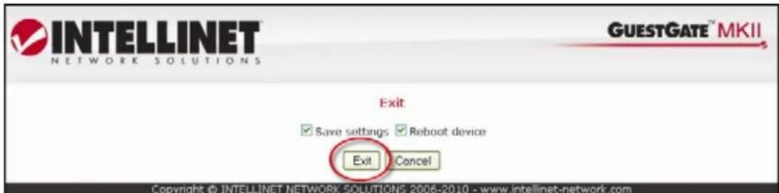 INTELLINET NETWORK SOLUTIONS GUESTGATE™ MKII Exit Save settings Reboot device Exit Cancel Copyright © INTELLINET NETWORK SOLUTIONS 2006-2010 - www.intellinet-network.com