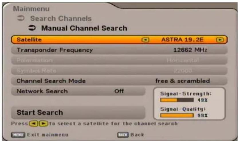 Mainmenu Search Channels Manual Channel Search Satellite ASTRA 19.2E Transponder Frequency 12662 MHz Polymation Horizontal Symbol Rate 22000 Channel Search Mode free & scrambled Network Search Off Start Search Signal-Strength: 49% Signal-Quality: 99% Press to select a satellite for the channel searc…