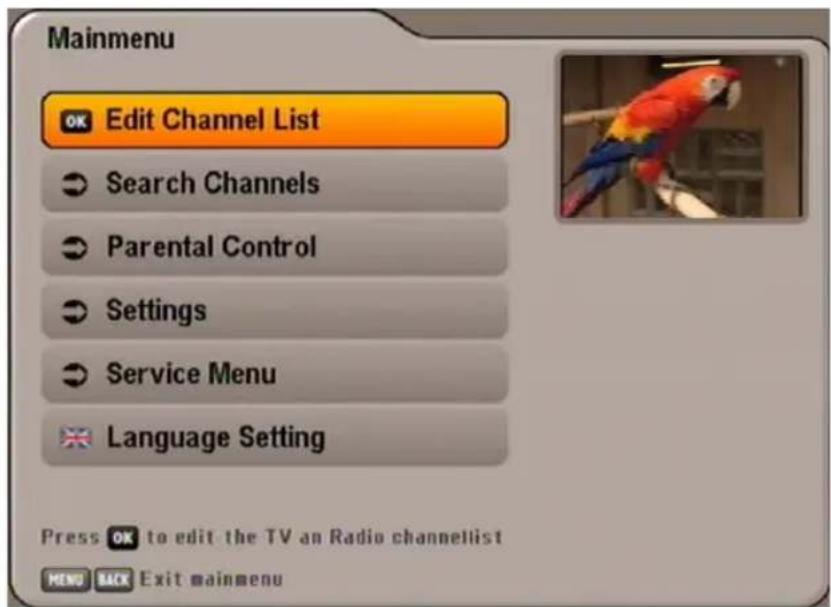 Mainmenu Edit Channel List Search Channels Parental Control Settings Service Menu Language Setting Press OK to edit the TV an Radio channellist MENU BACK Exit mainmenu
