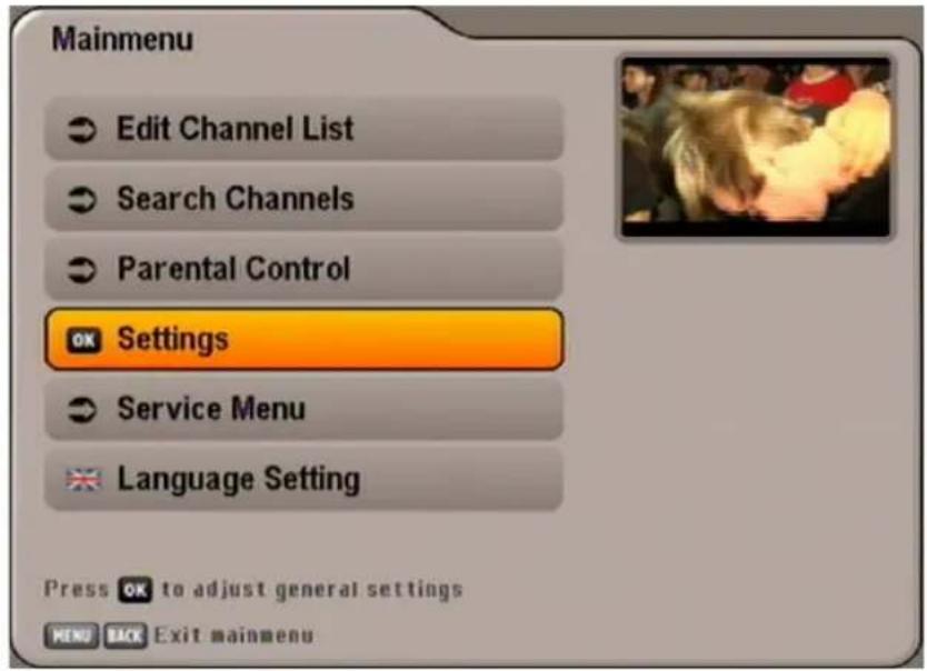 Mainmenu Edit Channel List Search Channels Parental Control Settings Service Menu Language Setting Press OK to adjust general settings MENU BACK Exit mainmenu