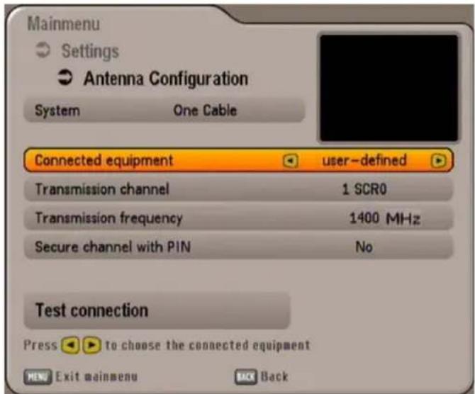 Mainmenu Settings Antenna Configuration System One Cable Connected equipment user-defined Transmission channel 1 SCR0 Transmission frequency 1400 MHz Secure channel with PIN No Test connection Press to choose the connected equipment Exit mainmenu Back