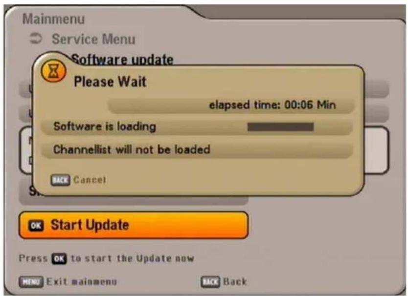 Mainmenu Service Menu Software update Please Wait elapsed time: 00:06 Min Software is loading Channellist will not be loaded OK Start Update Press OK to start the Update now MENU Exit mainmenu BACK Back