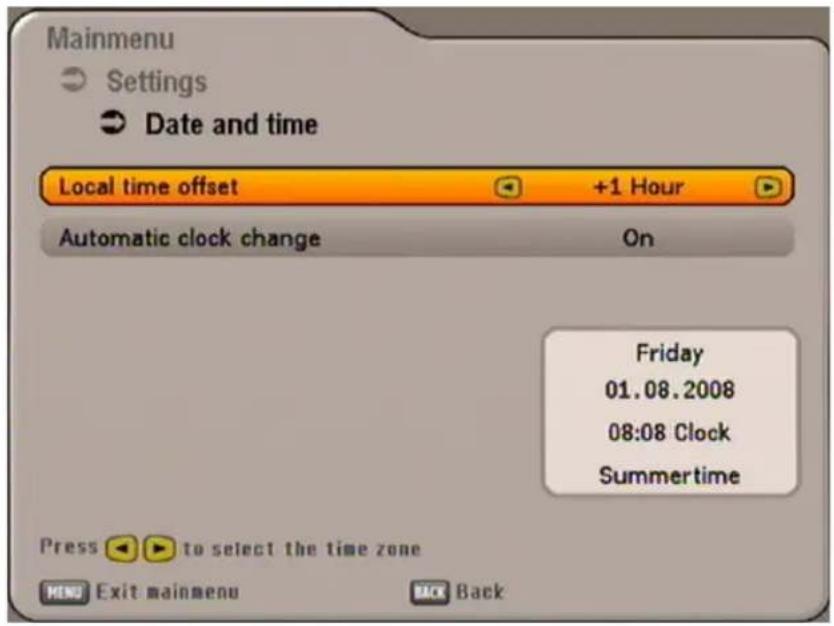 Mainmenu Settings Date and time Local time offset +1 Hour Automatic clock change On Friday 01.08.2008 08:08 Clock Summertime Press to select the time zone MENU Exit mainmenu Back