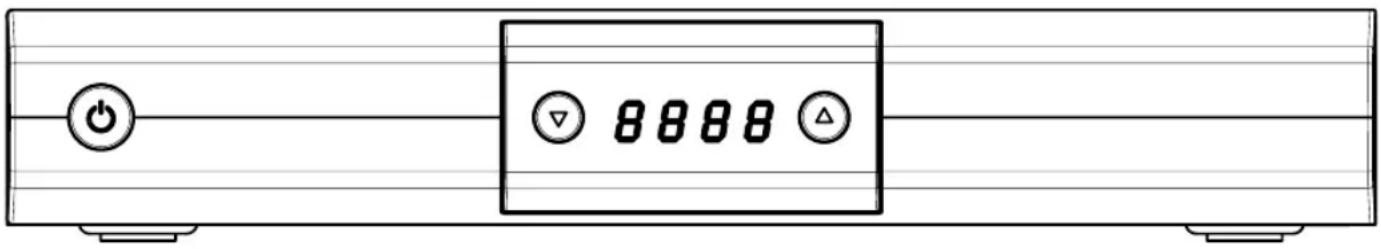 Line drawing of a remote control unit with power button and two buttons (no text or symbols)
