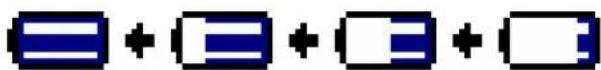 Pixelated graphic showing four blue rectangular blocks with plus signs, likely representing a battery symbol or icon set.