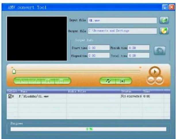 ANV convert Tool Input file: 01.mov Output file: C:\Documents and Settings Output Info Start time 0.00 Finish time 0.00 Flagged time 0.00 Total time 0.00 Select Name Audio Filter Status Time F:\flashfmp\01.mov Not converted 0:00 Progress 0%