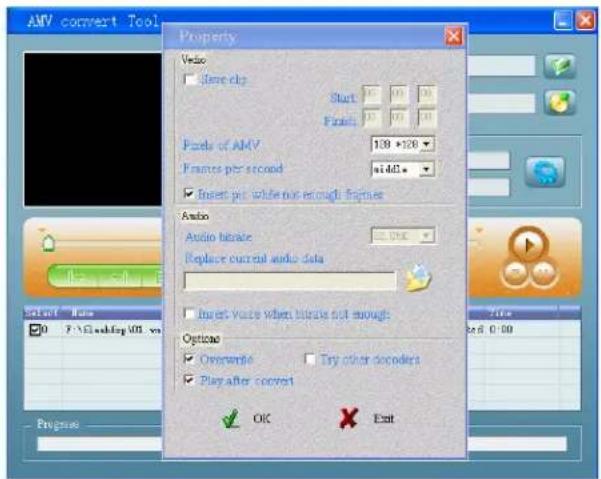 AMV convert Tool Property Video □ Place clip Start: 100 Finish: 100 Pixels of AMV 128 *128 Frames per second mid/0 □ Insert per white nor enough format Audio Audio bitrate Replace current audio data □ Insert voice when bitrate not enough Options □ Overwrite □ Try other cododers □ Play after convert OK Exit