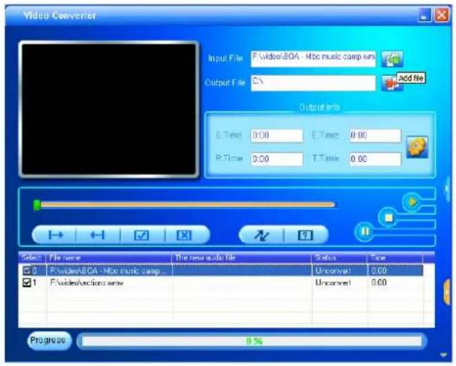 Video Converter Input File F:\video\BOA - Mbc music camp.wm Output File CS add file Output Info B.Time 0:00 E.Time 0:00 P.Time 0:00 T.Time 0:00 Select File name The new audio file Status Time F:\video\BOA - Mbc music camp . Unconvert 0:00 F:\video\sections.wm Unconvert 0:00 Progress 1%