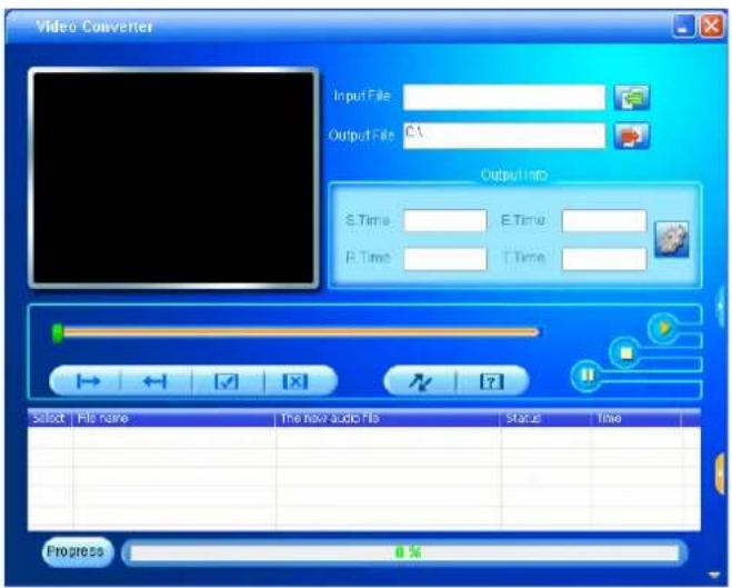 Video Converter Input File Output File C:\ Output Info E.Time E.Time P.Time T.Time Select File Name The new audio file Status Time Progress %