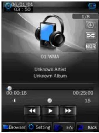 06/01/01 03:50 1/8 NOR 01.WMA Unknown Artist Unknown Album 00:00:16 00:25:09 15 Browser Setting Info Back